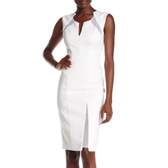 Black Halo Cicero White Cutout Neck Mesh Insets Knee Length Classy Sheath Dress - Picture 1 of 13